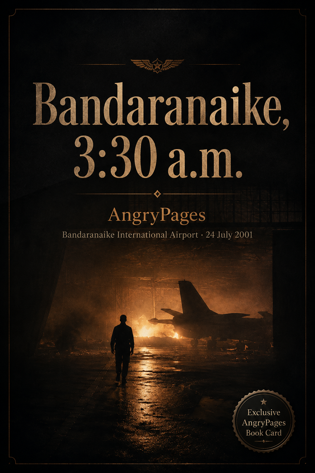 Dark premium AngryPages book card cover for Bandaranaike, 3:30 a.m.