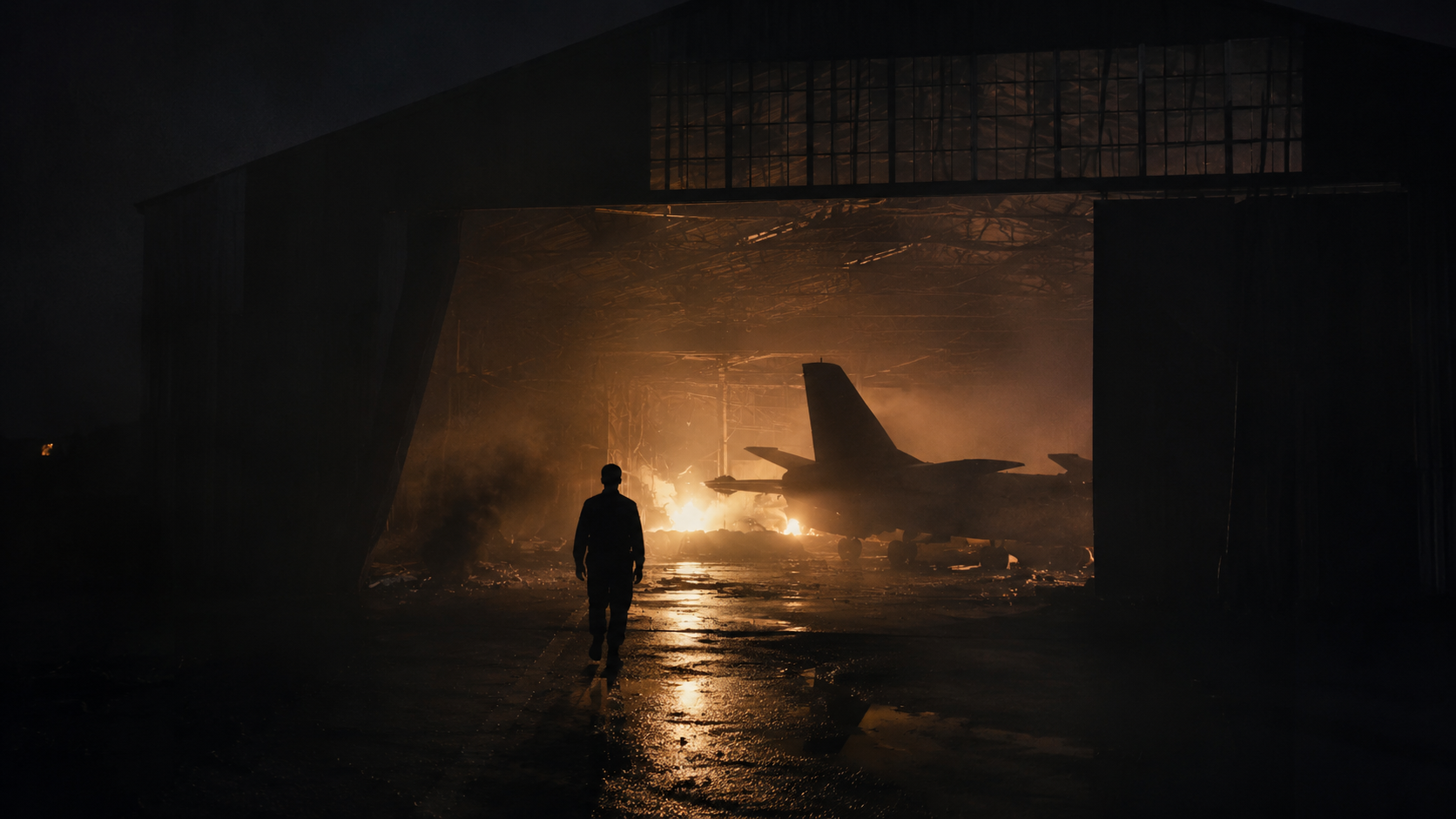 Night hangar with aircraft and firelight.