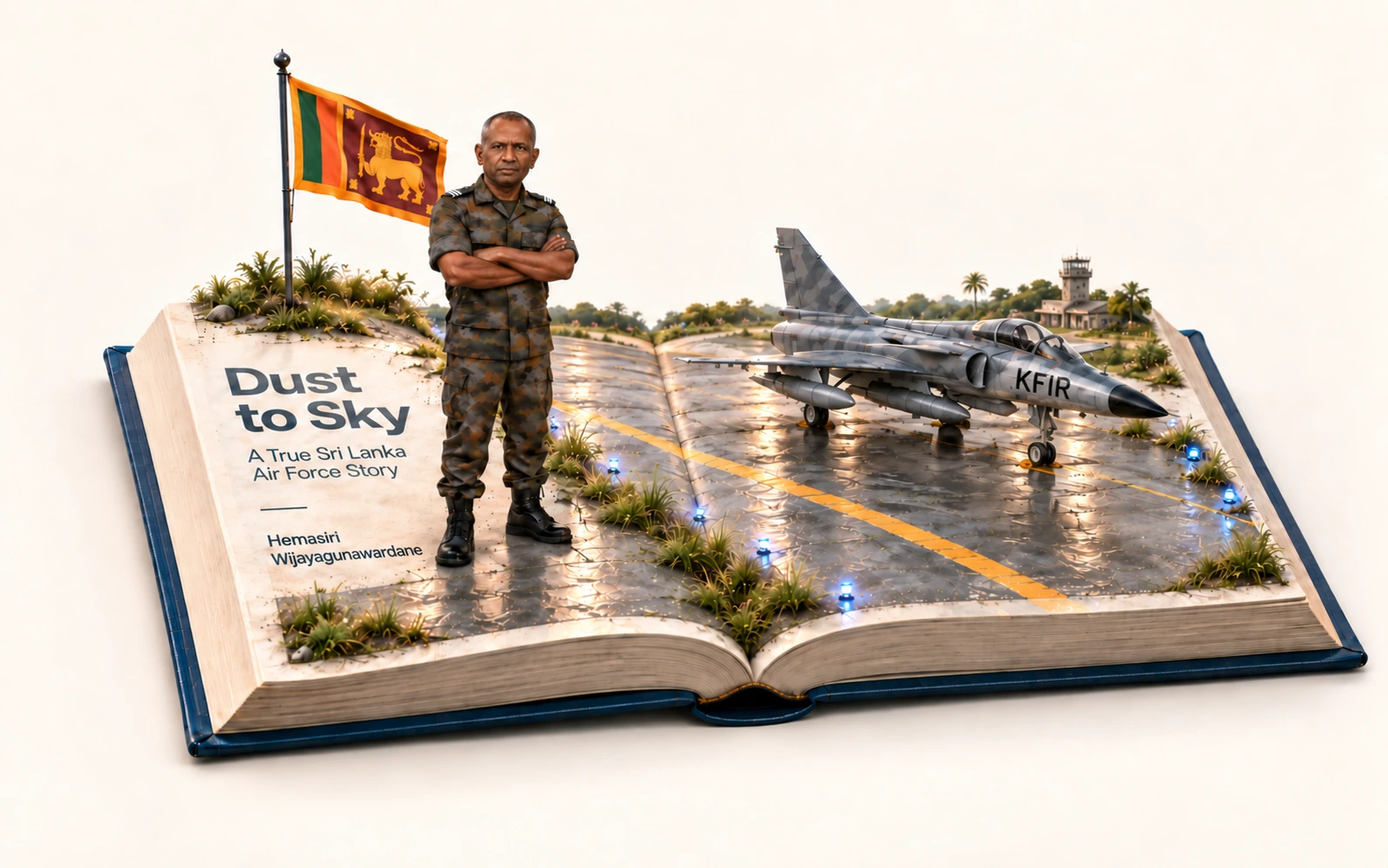 Hemasiri Wijayagunawardane standing on an open Dust to Sky book beside a Kfir aircraft and Sri Lankan flag