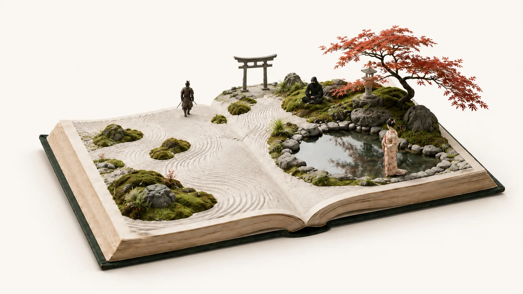 An open book becoming a Japanese garden with a torii and maple tree
