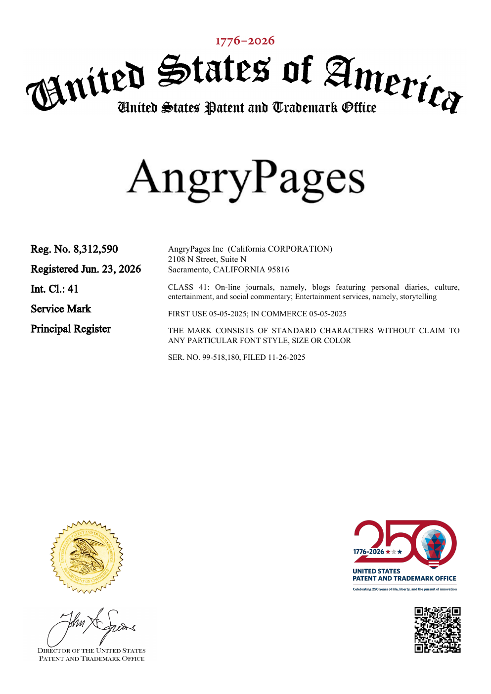 First page of the AngryPages trademark registration
