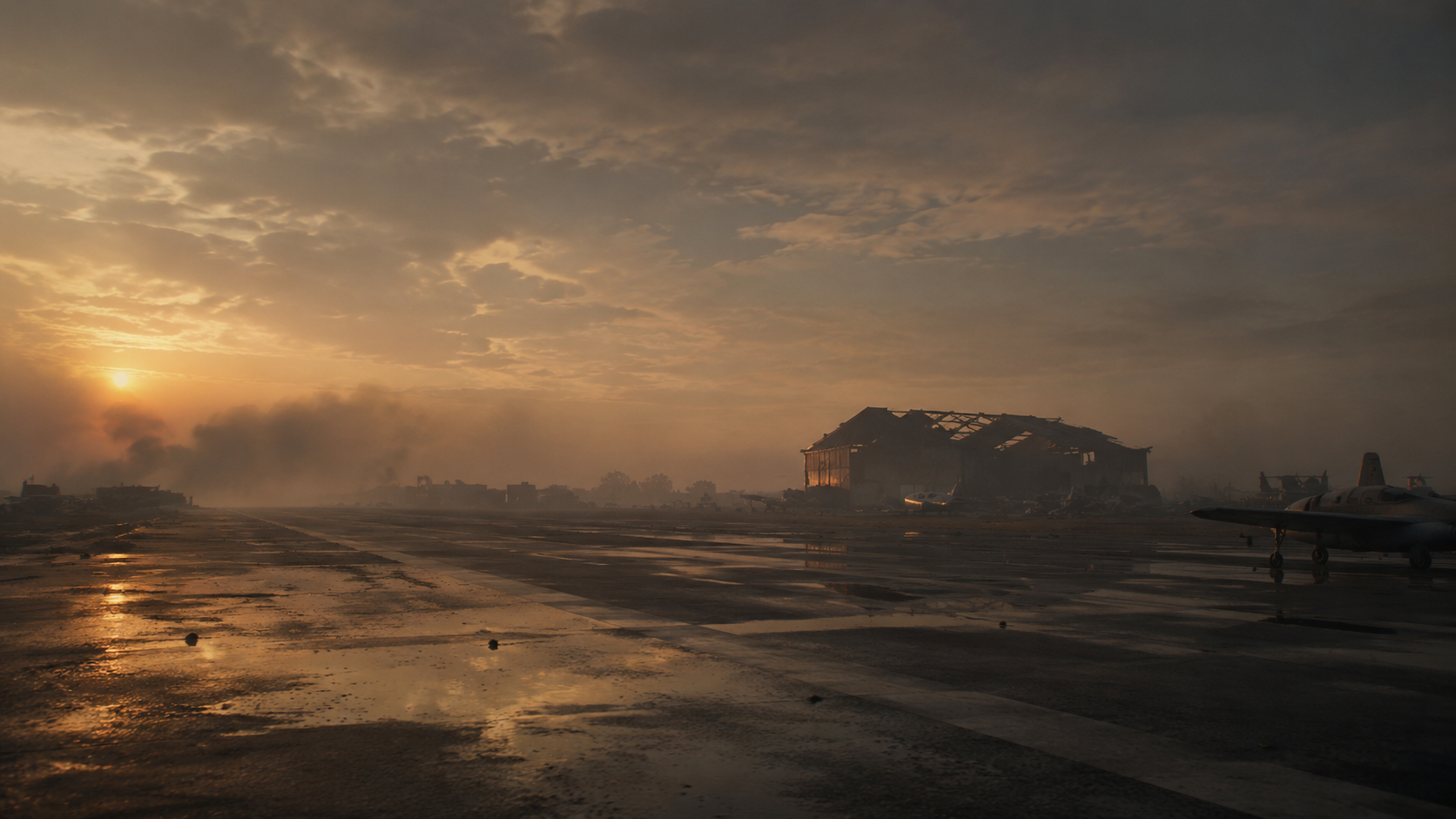 Airfield and damaged hangar at dawn