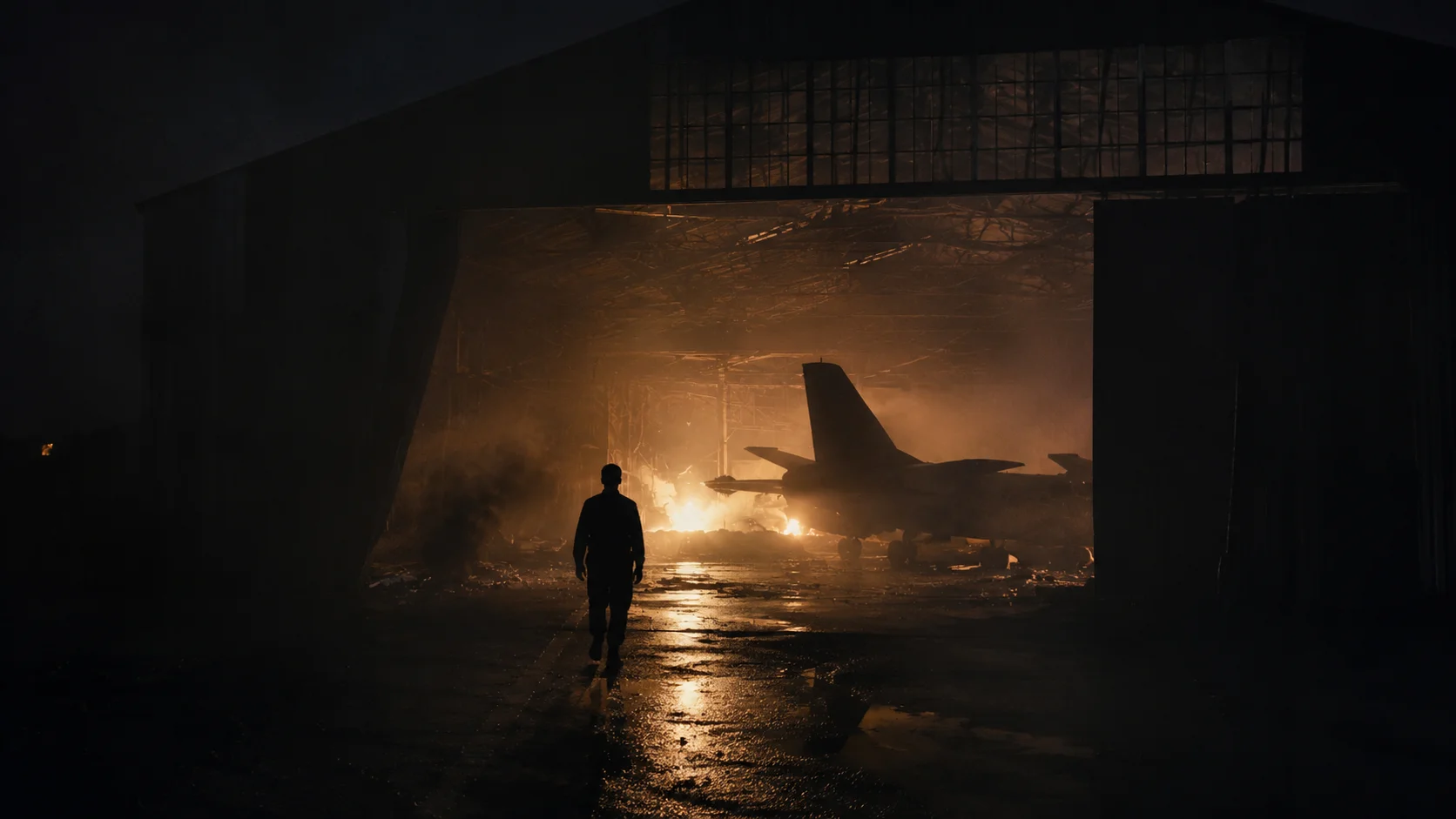 Night hangar with aircraft and firelight.