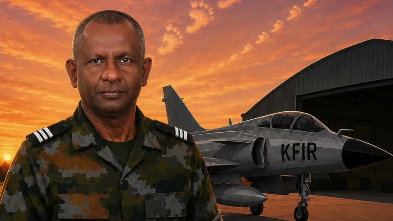 Hemasiri Wijayagunawardane beside a Kfir aircraft in the book trailer