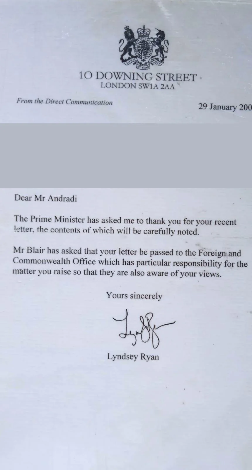 Reply letter from 10 Downing Street to Quintus Andradi, dated 29 January 2002.