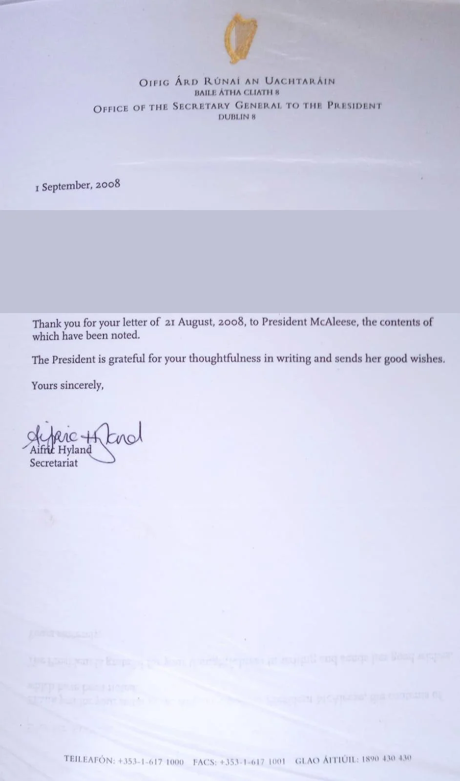 Letter from the Office of the President of Ireland to Quintus Andradi, dated 1 September 2008.