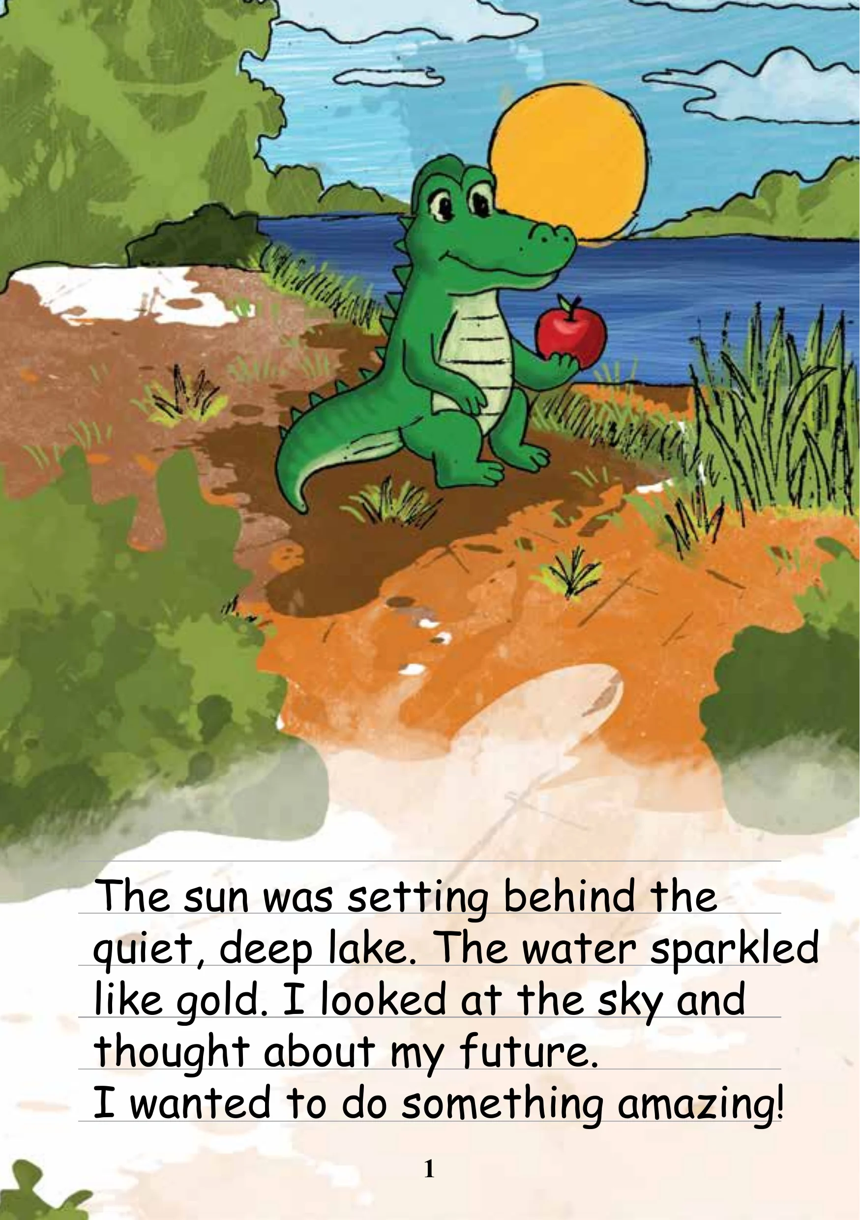 Scales the crocodile looking at a sunset lake, holding an apple.