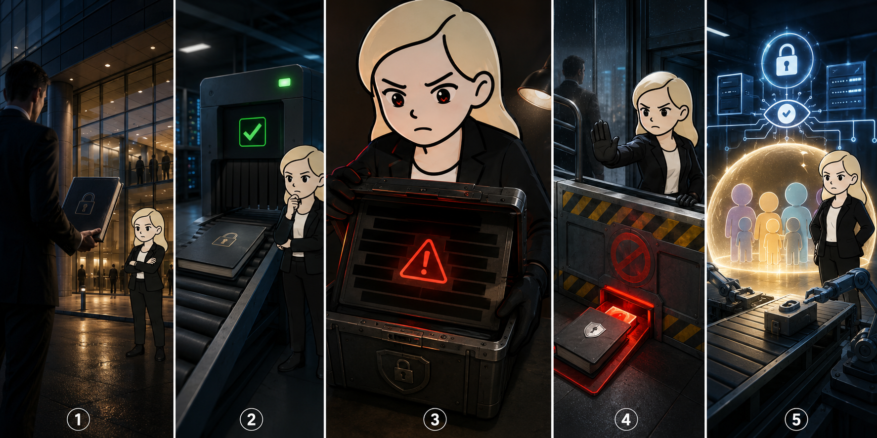 Illustrated case sequence showing protected safety screening and a prohibited submission stopped.