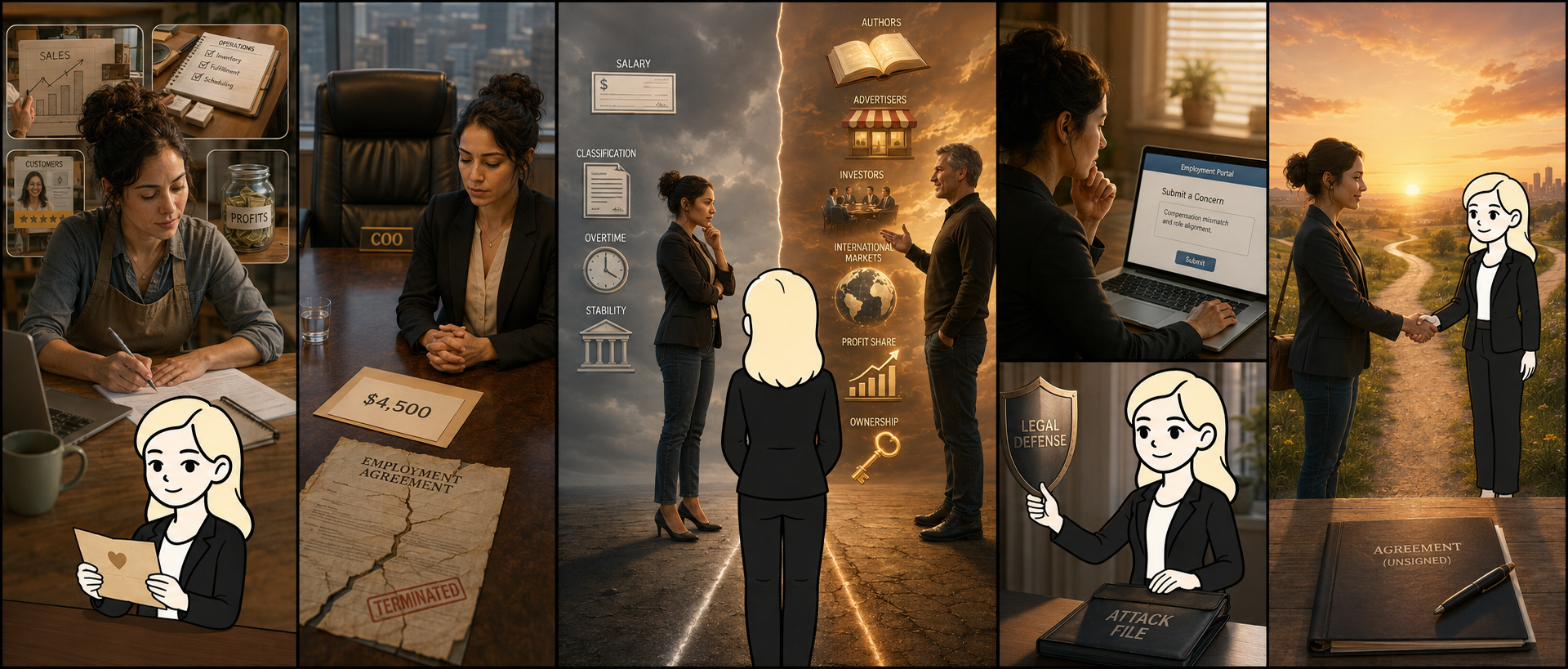 Illustrated case sequence showing the compensation discussion, the $4,500 offer, and an amicable separation.