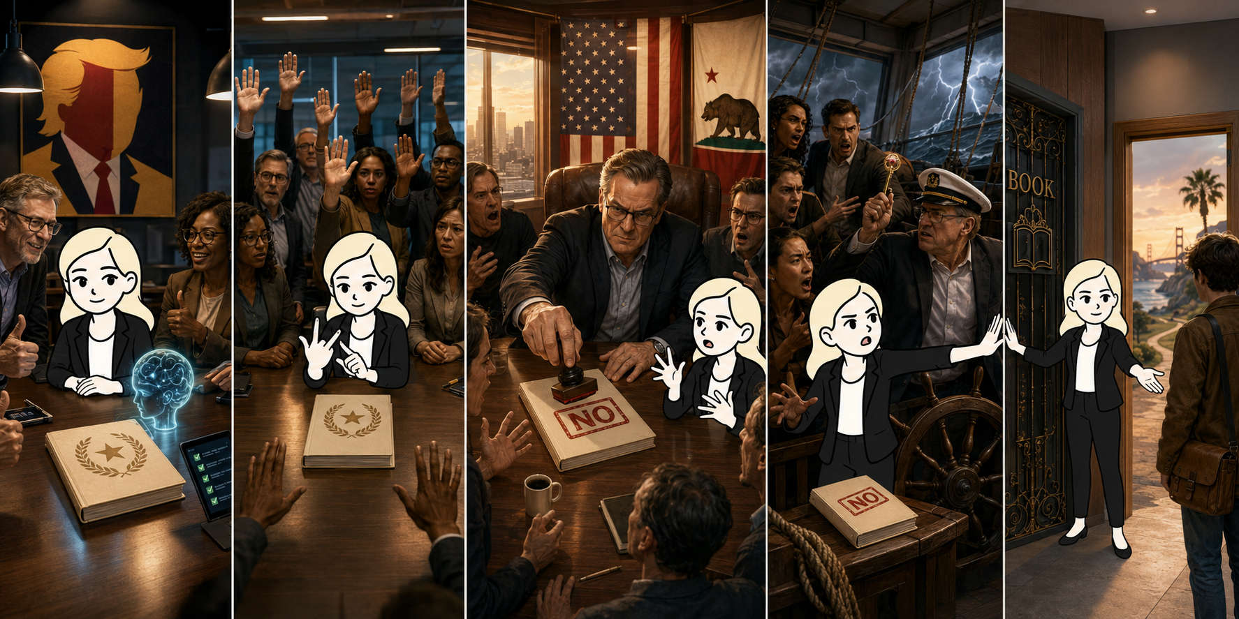Illustrated case sequence showing the editorial vote and the declined satire.