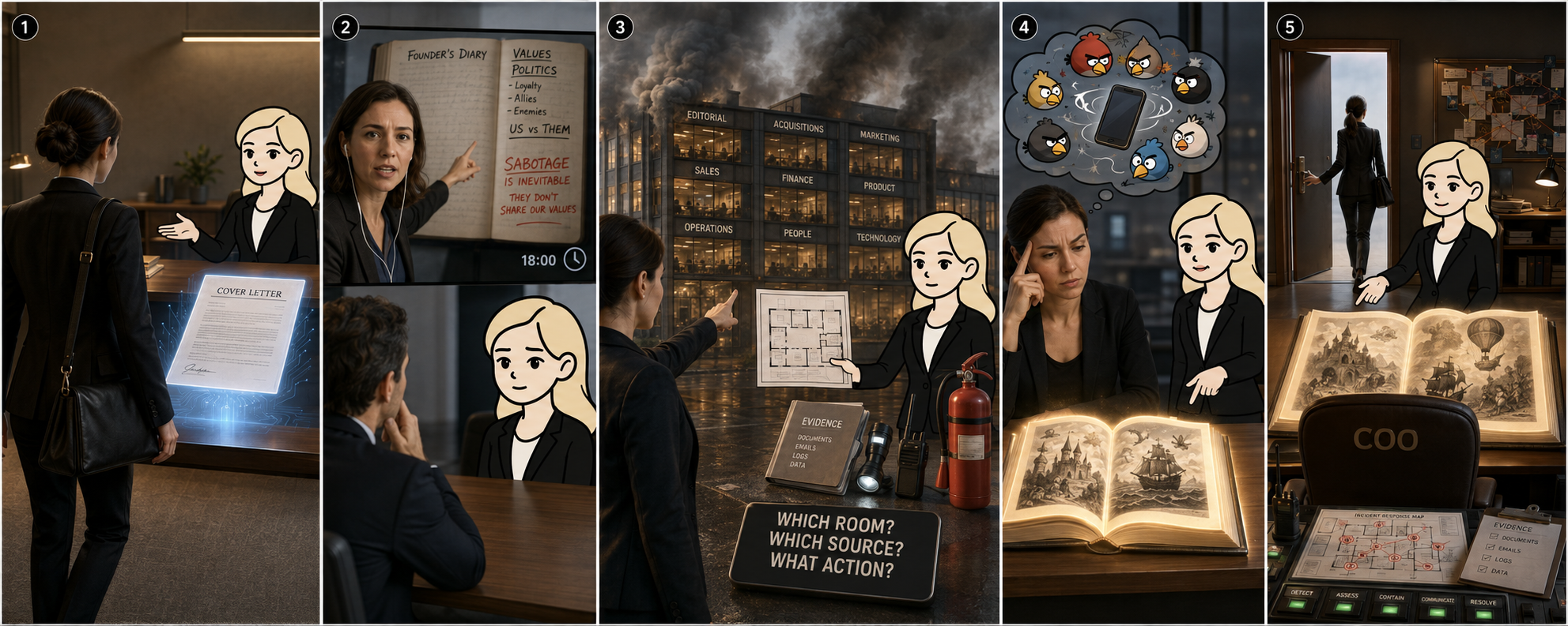 Illustrated case sequence showing the diary warning, the request for an operational response, and the open COO seat.